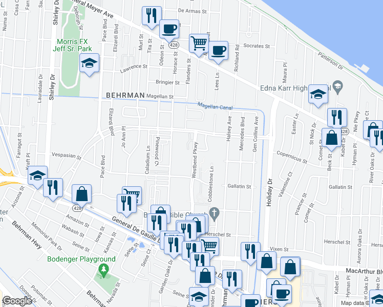map of restaurants, bars, coffee shops, grocery stores, and more near 2078 Westbend Parkway in New Orleans