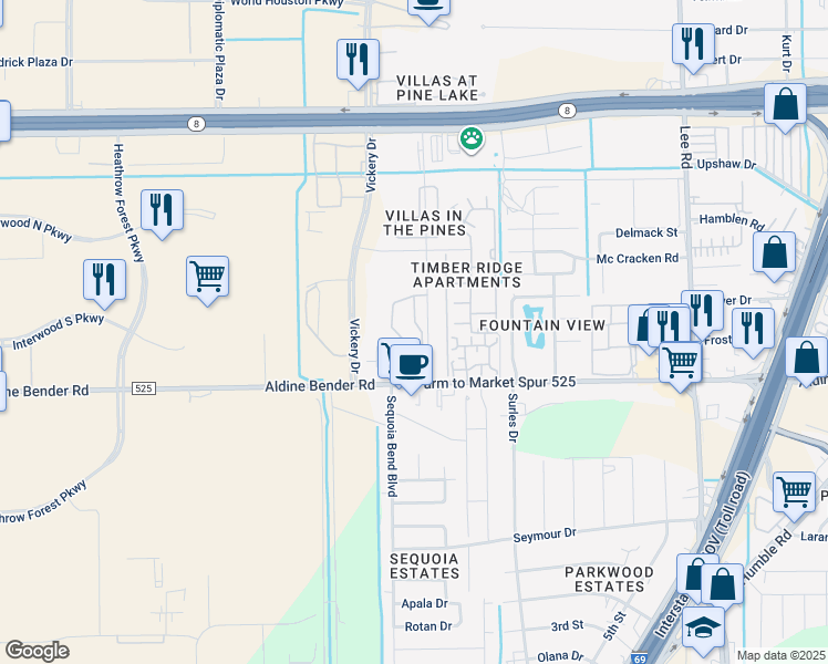 map of restaurants, bars, coffee shops, grocery stores, and more near 5015 Aldine Bender Road in Houston