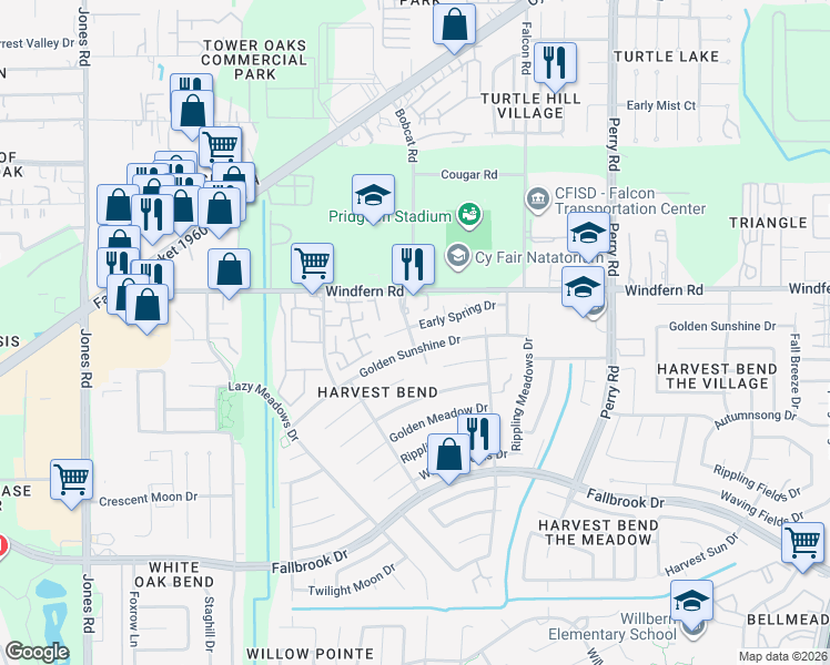map of restaurants, bars, coffee shops, grocery stores, and more near 10102 Early Spring Drive in Houston