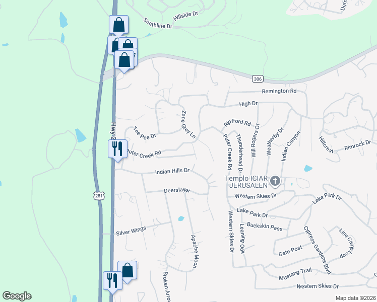 map of restaurants, bars, coffee shops, grocery stores, and more near 2560 Puter Creek Road in Spring Branch