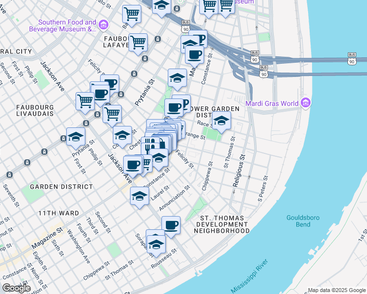 map of restaurants, bars, coffee shops, grocery stores, and more near 1010 Richard Street in New Orleans