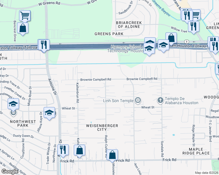 map of restaurants, bars, coffee shops, grocery stores, and more near 13624 Ralph Culver Road in Houston