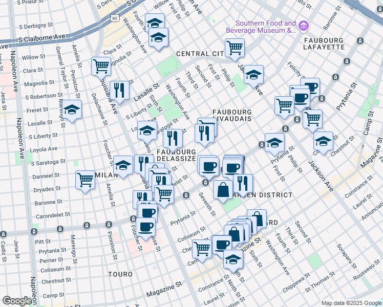 map of restaurants, bars, coffee shops, grocery stores, and more near 2839 Baronne Street in New Orleans
