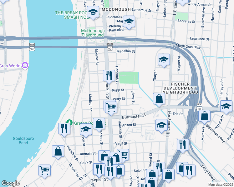map of restaurants, bars, coffee shops, grocery stores, and more near 812 Rupp Street in Gretna