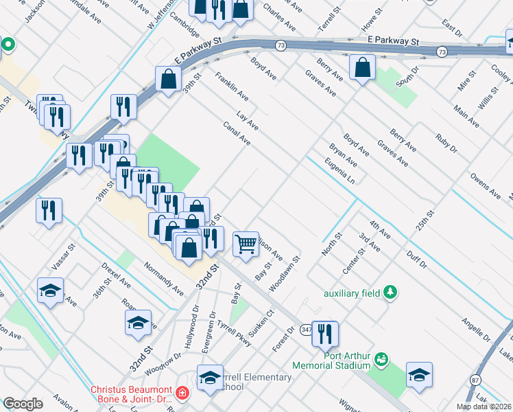 map of restaurants, bars, coffee shops, grocery stores, and more near 3325 Kleespies Avenue in Groves