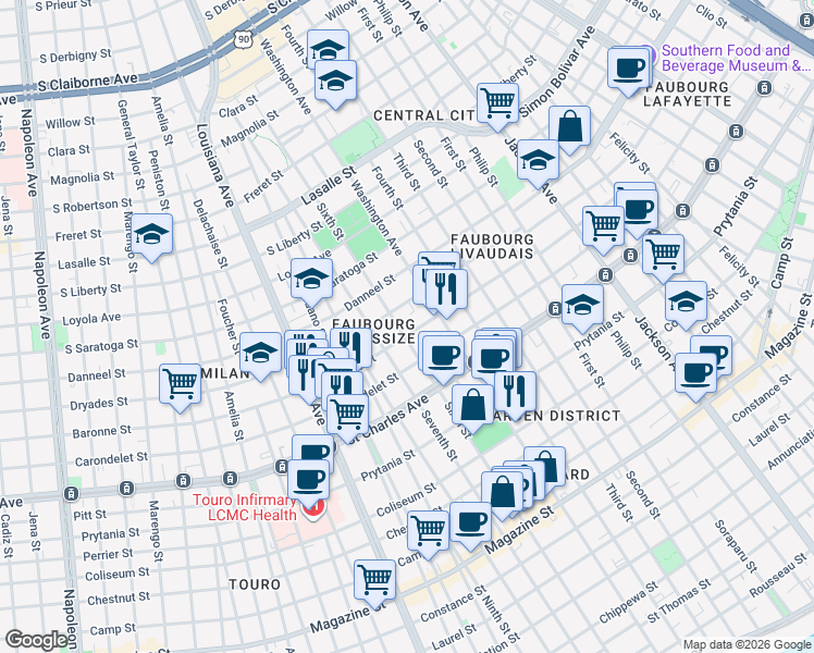map of restaurants, bars, coffee shops, grocery stores, and more near 2839 Baronne Street in New Orleans
