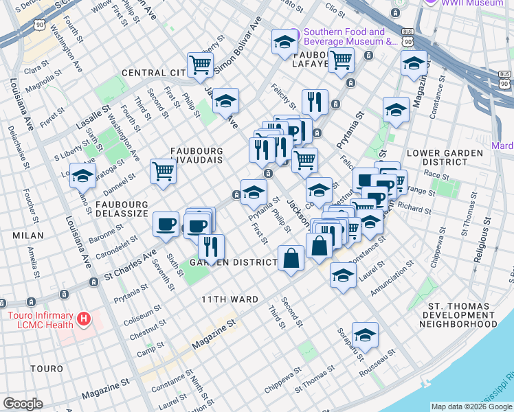 map of restaurants, bars, coffee shops, grocery stores, and more near 2343 Prytania Street in New Orleans