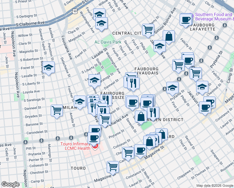 map of restaurants, bars, coffee shops, grocery stores, and more near 2839 Baronne Street in New Orleans