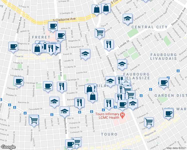 map of restaurants, bars, coffee shops, grocery stores, and more near 2118 Peniston Street in New Orleans