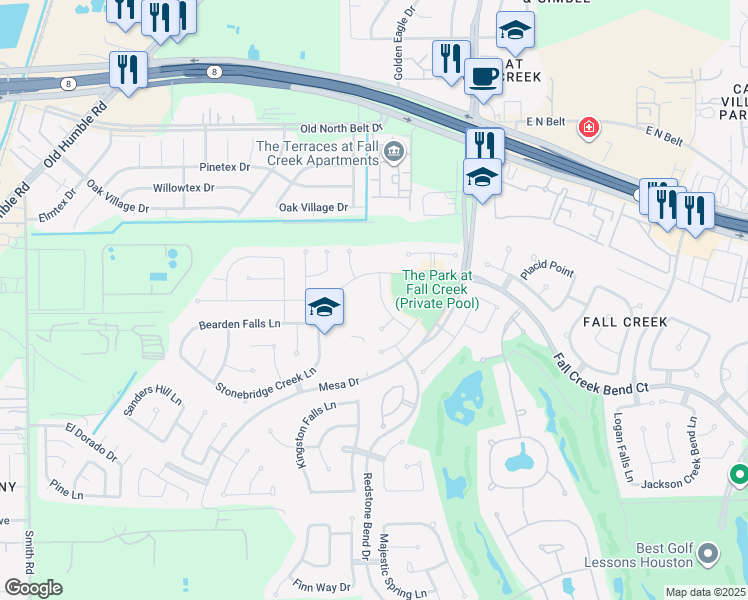 map of restaurants, bars, coffee shops, grocery stores, and more near 14615 Fall Creek Crossing in Humble