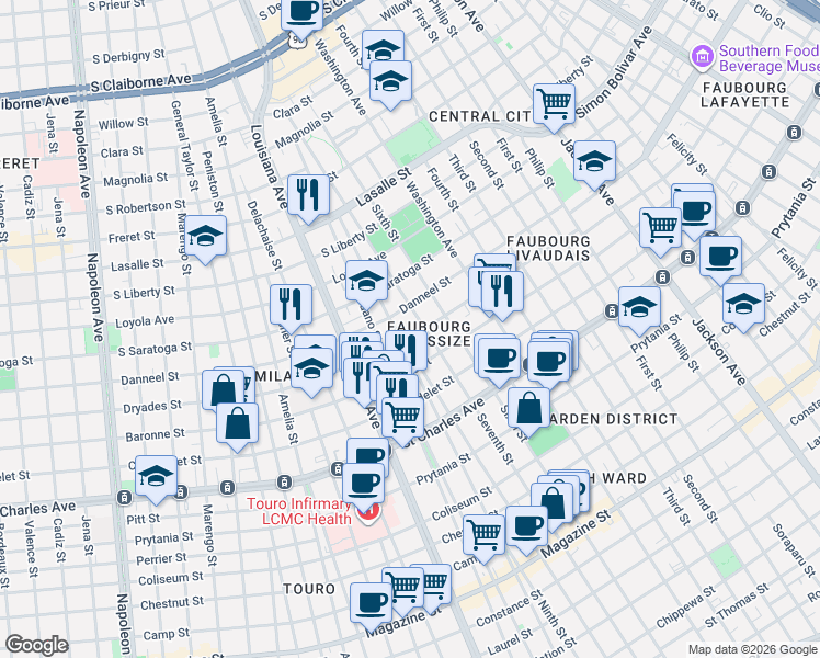map of restaurants, bars, coffee shops, grocery stores, and more near 2935 Dryades Street in New Orleans