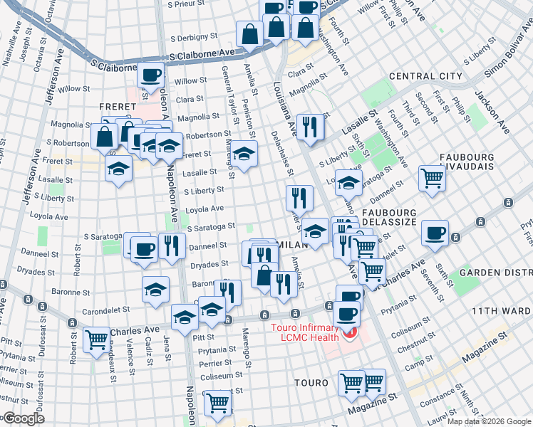 map of restaurants, bars, coffee shops, grocery stores, and more near 2118 Peniston Street in New Orleans