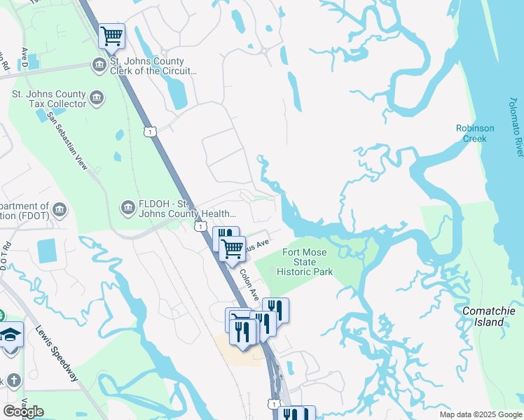 map of restaurants, bars, coffee shops, grocery stores, and more near 1255 Ponce Island Drive in St. Augustine