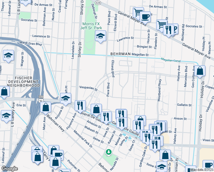map of restaurants, bars, coffee shops, grocery stores, and more near 1951 Elizardi Boulevard in New Orleans