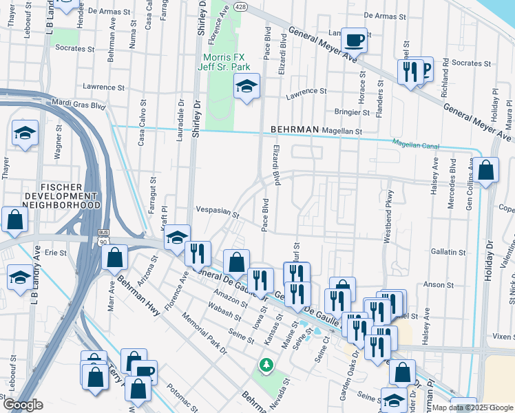 map of restaurants, bars, coffee shops, grocery stores, and more near 2679 Wall Boulevard in New Orleans