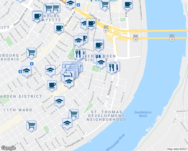 map of restaurants, bars, coffee shops, grocery stores, and more near 1558 Annunciation Street in New Orleans