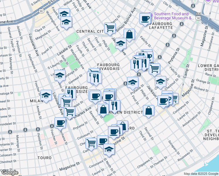 map of restaurants, bars, coffee shops, grocery stores, and more near 2618 Carondelet Street in New Orleans