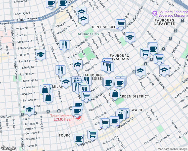 map of restaurants, bars, coffee shops, grocery stores, and more near 2935 Dryades Street in New Orleans
