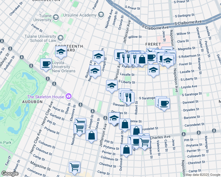 map of restaurants, bars, coffee shops, grocery stores, and more near 5417 Loyola Avenue in New Orleans