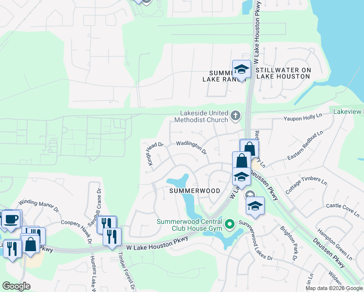 map of restaurants, bars, coffee shops, grocery stores, and more near 14614 Wadlington Drive in Houston