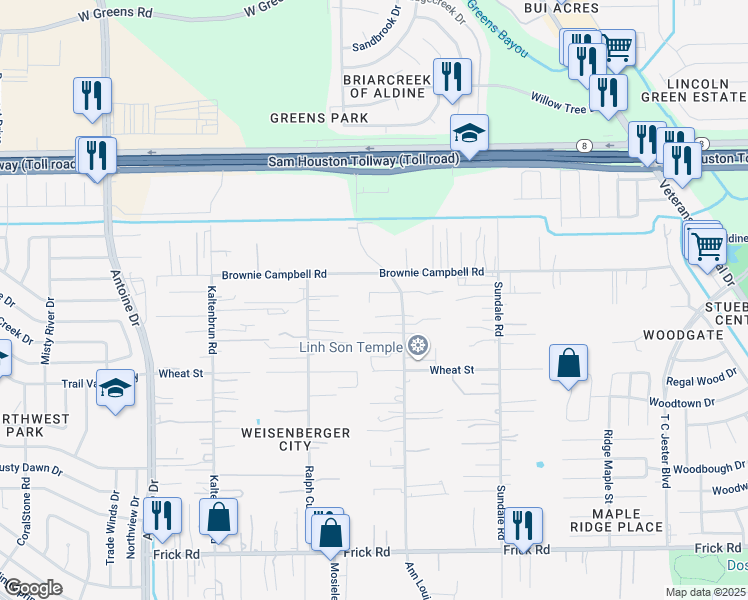 map of restaurants, bars, coffee shops, grocery stores, and more near 13621 Ann Louise Road in Houston