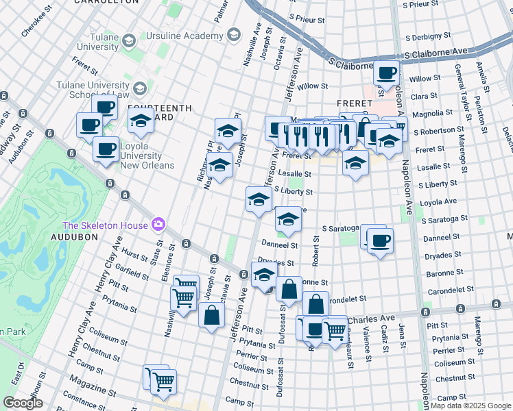map of restaurants, bars, coffee shops, grocery stores, and more near 5417 Loyola Avenue in New Orleans