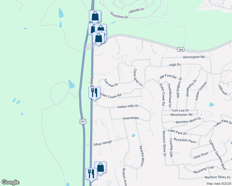 map of restaurants, bars, coffee shops, grocery stores, and more near 2341 Puter Creek Road in Spring Branch