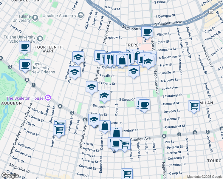 map of restaurants, bars, coffee shops, grocery stores, and more near 5035 Loyola Avenue in New Orleans