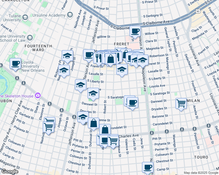 map of restaurants, bars, coffee shops, grocery stores, and more near 4917 Loyola Street in New Orleans