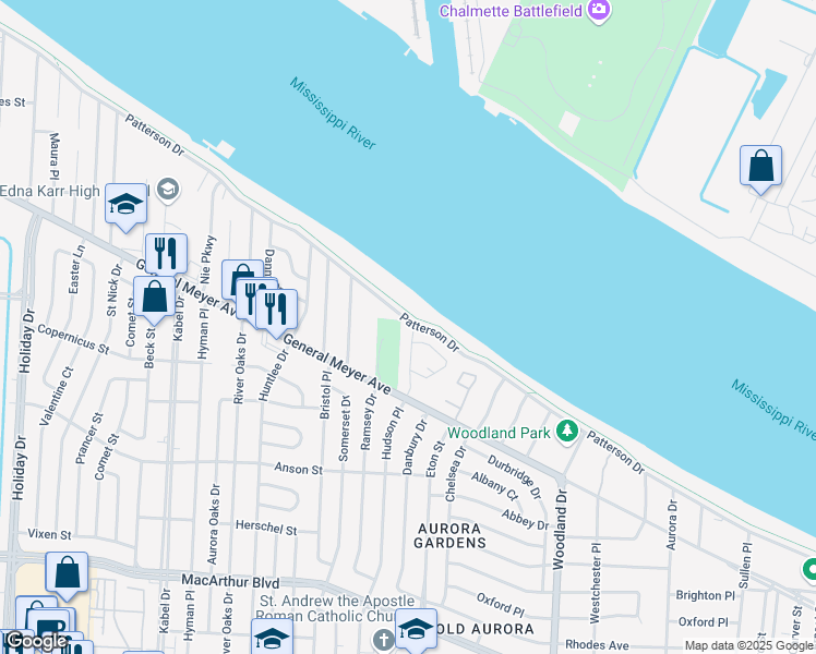 map of restaurants, bars, coffee shops, grocery stores, and more near 23 Navigation Court in New Orleans