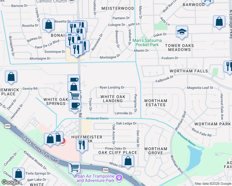 map of restaurants, bars, coffee shops, grocery stores, and more near 10826 Oak Acres Drive in Houston