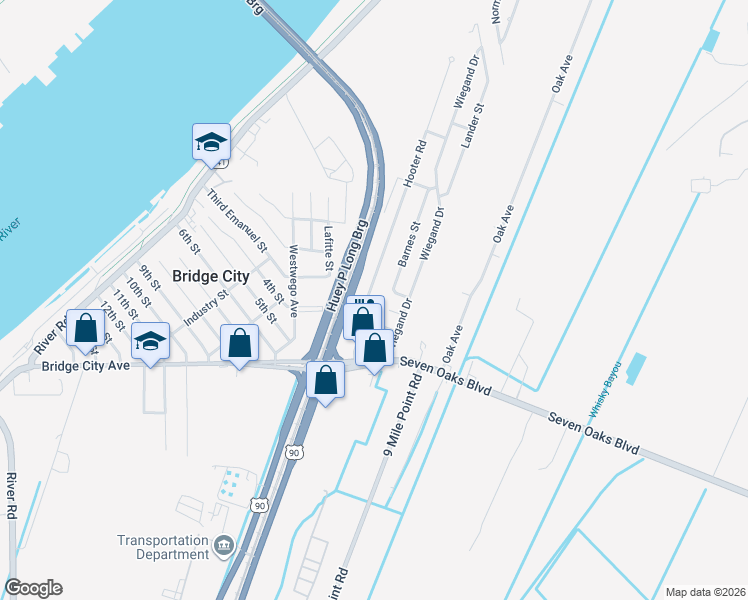 map of restaurants, bars, coffee shops, grocery stores, and more near 1000 Hooter Road in Bridge City