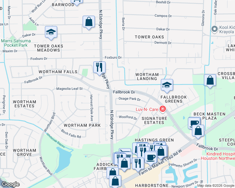 map of restaurants, bars, coffee shops, grocery stores, and more near 12119 Fallbrook Drive in Houston