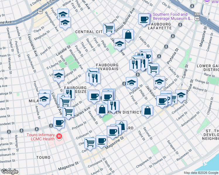 map of restaurants, bars, coffee shops, grocery stores, and more near 2618 Carondelet Street in New Orleans