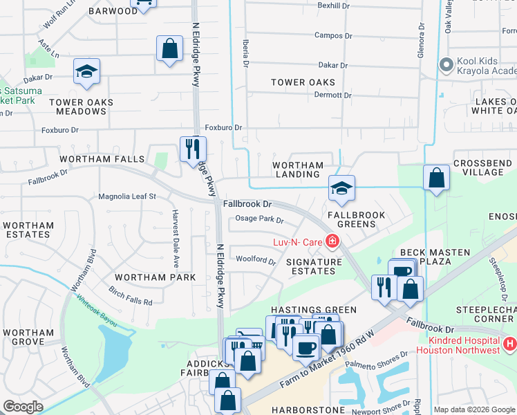 map of restaurants, bars, coffee shops, grocery stores, and more near 12023 Fallbrook Drive in Houston