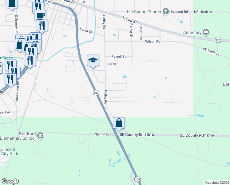 map of restaurants, bars, coffee shops, grocery stores, and more near 1200 Westward Avenue in Starke