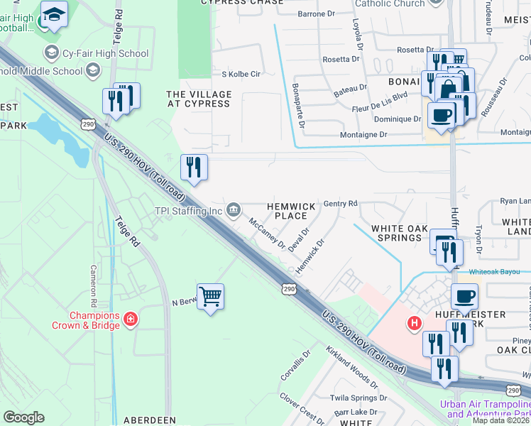 map of restaurants, bars, coffee shops, grocery stores, and more near 10515 Ladino Road in Harris County