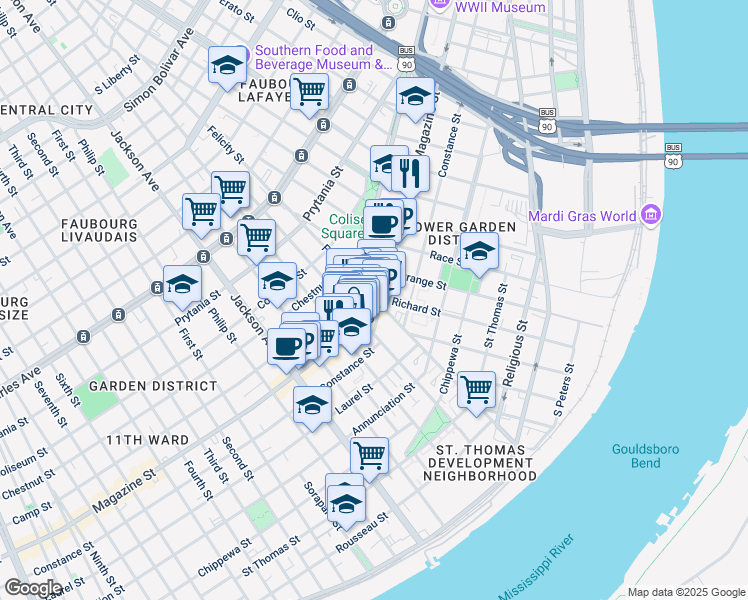 map of restaurants, bars, coffee shops, grocery stores, and more near in New Orleans