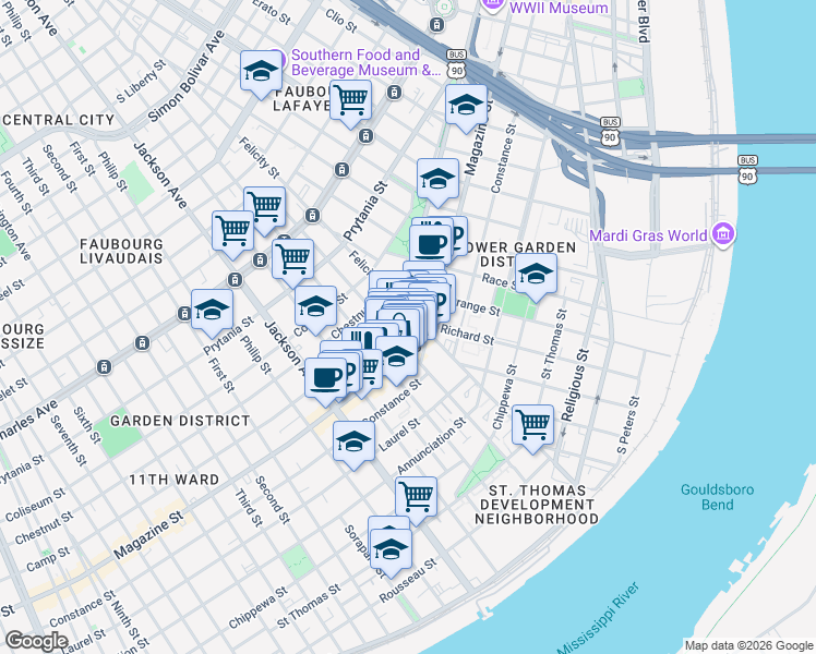 map of restaurants, bars, coffee shops, grocery stores, and more near in New Orleans