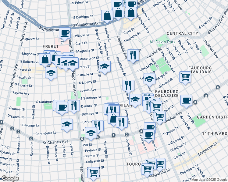 map of restaurants, bars, coffee shops, grocery stores, and more near 2133 General Taylor in New Orleans