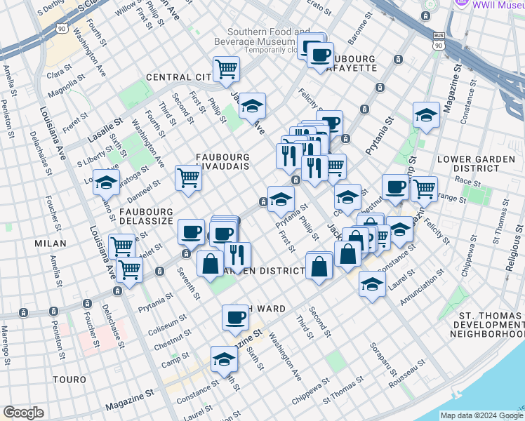 map of restaurants, bars, coffee shops, grocery stores, and more near 1540 First Street in New Orleans