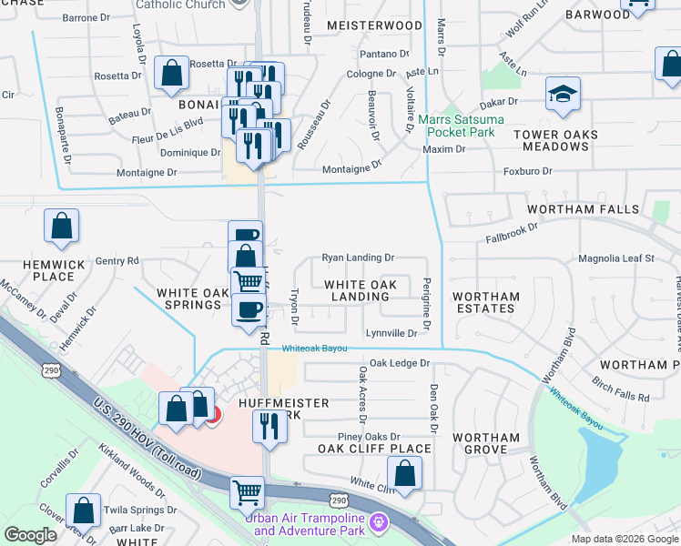 map of restaurants, bars, coffee shops, grocery stores, and more near 10831 Ryan Oaks Drive in Houston