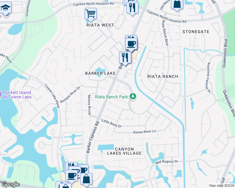 map of restaurants, bars, coffee shops, grocery stores, and more near 17531 Brushy River Court in Houston