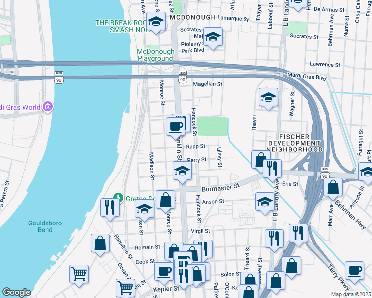 map of restaurants, bars, coffee shops, grocery stores, and more near 812 Rupp Street in Gretna