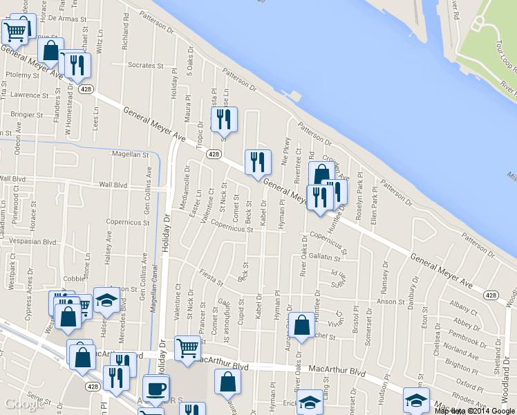 map of restaurants, bars, coffee shops, grocery stores, and more near 1119 Kabel Drive in New Orleans
