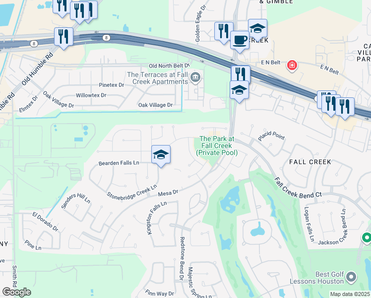 map of restaurants, bars, coffee shops, grocery stores, and more near 14615 Fall Creek Crossing in Humble