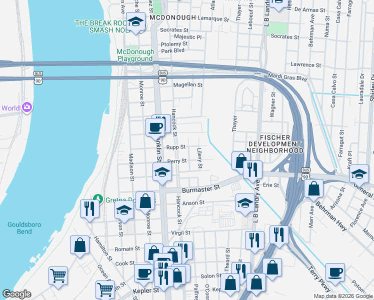 map of restaurants, bars, coffee shops, grocery stores, and more near 928 Rupp Street in Gretna