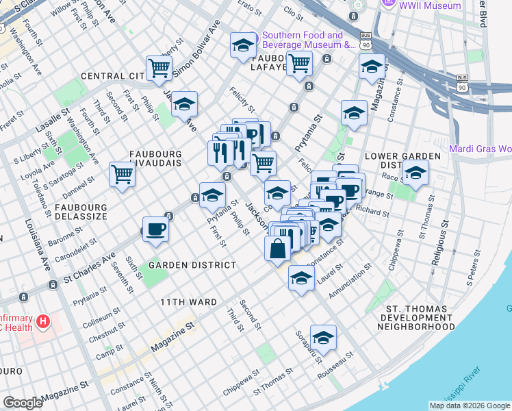 map of restaurants, bars, coffee shops, grocery stores, and more near 1436 Jackson Avenue in New Orleans