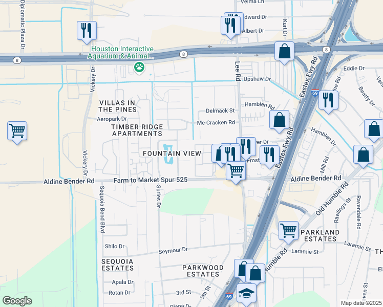 map of restaurants, bars, coffee shops, grocery stores, and more near 5522 Cannonway Drive in Houston