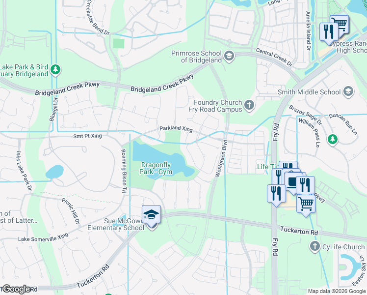 map of restaurants, bars, coffee shops, grocery stores, and more near 15923 Talala Trail in Cypress